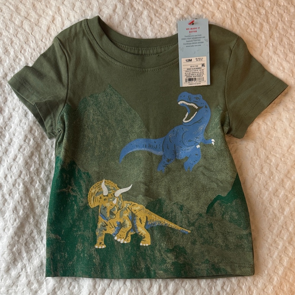 Cat & Jack Olive Green Tee with Blue and Yellow Dinosaur Graphics